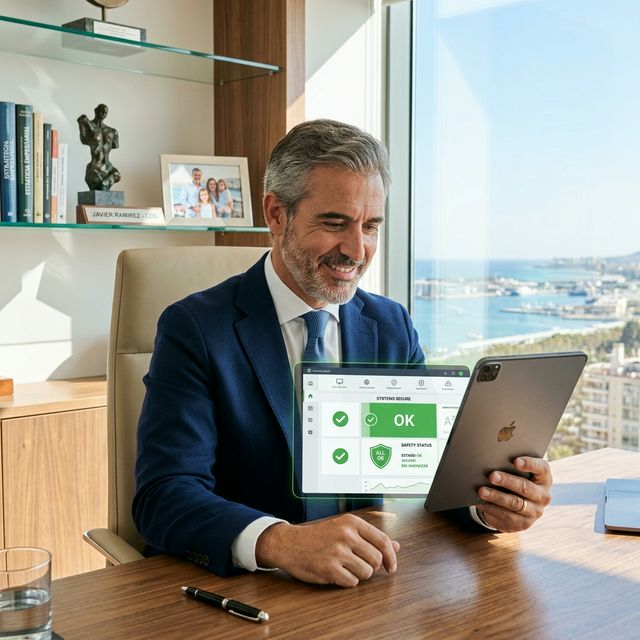 Directora de cumplimiento revisando la seguridad de datos en una tablet en una oficina de Málaga.