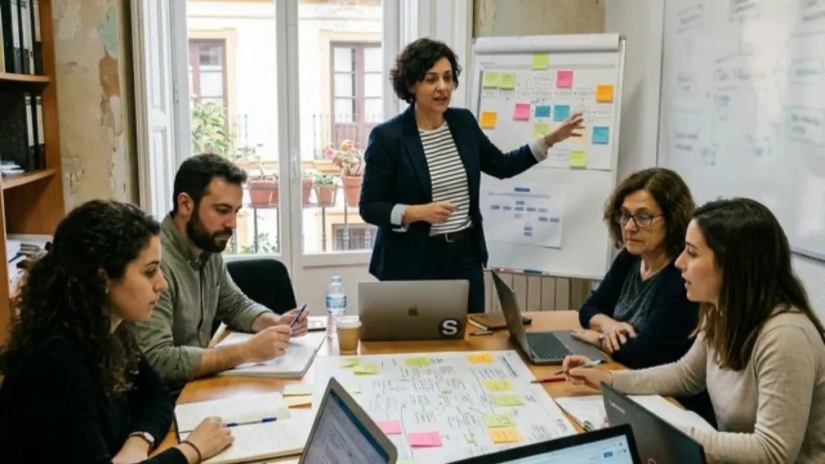 Consultoría de transformación digital con equipo revisando procesos en empresa